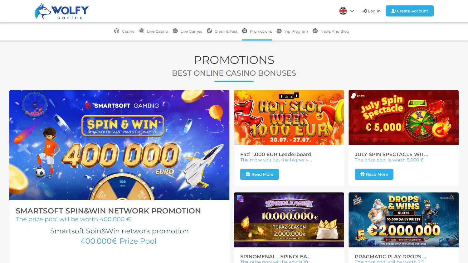 Wolfy Casino promotions page on desktop