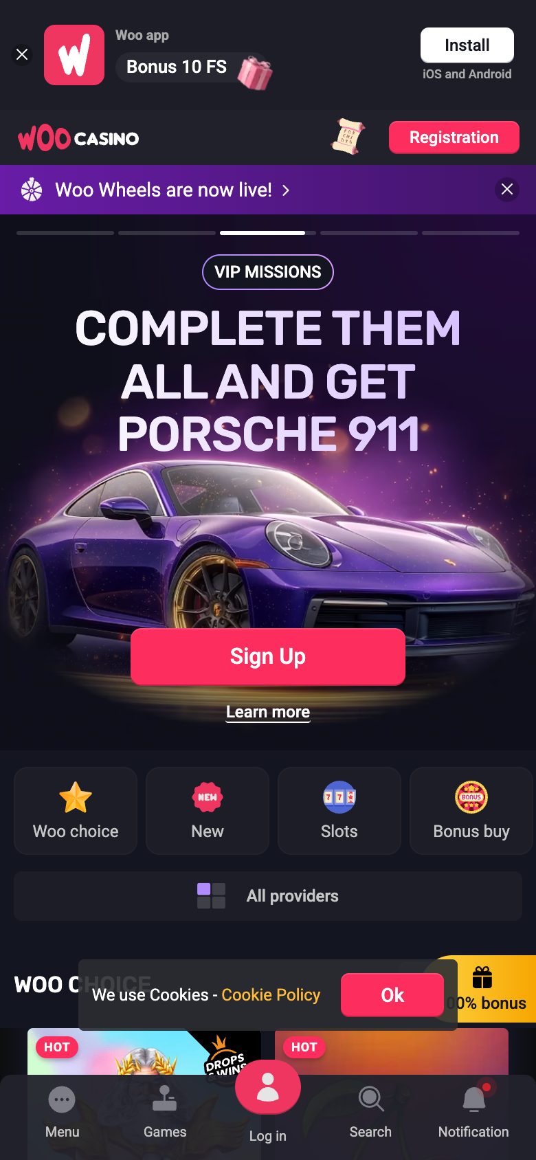 Woo Casino homepage on mobile
