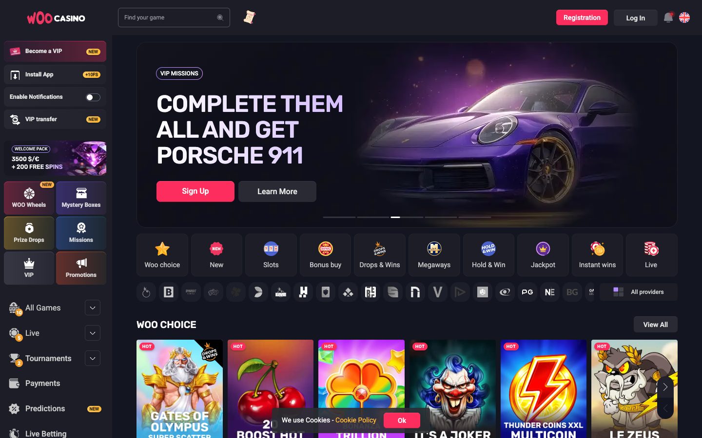 Woo Casino homepage on desktop