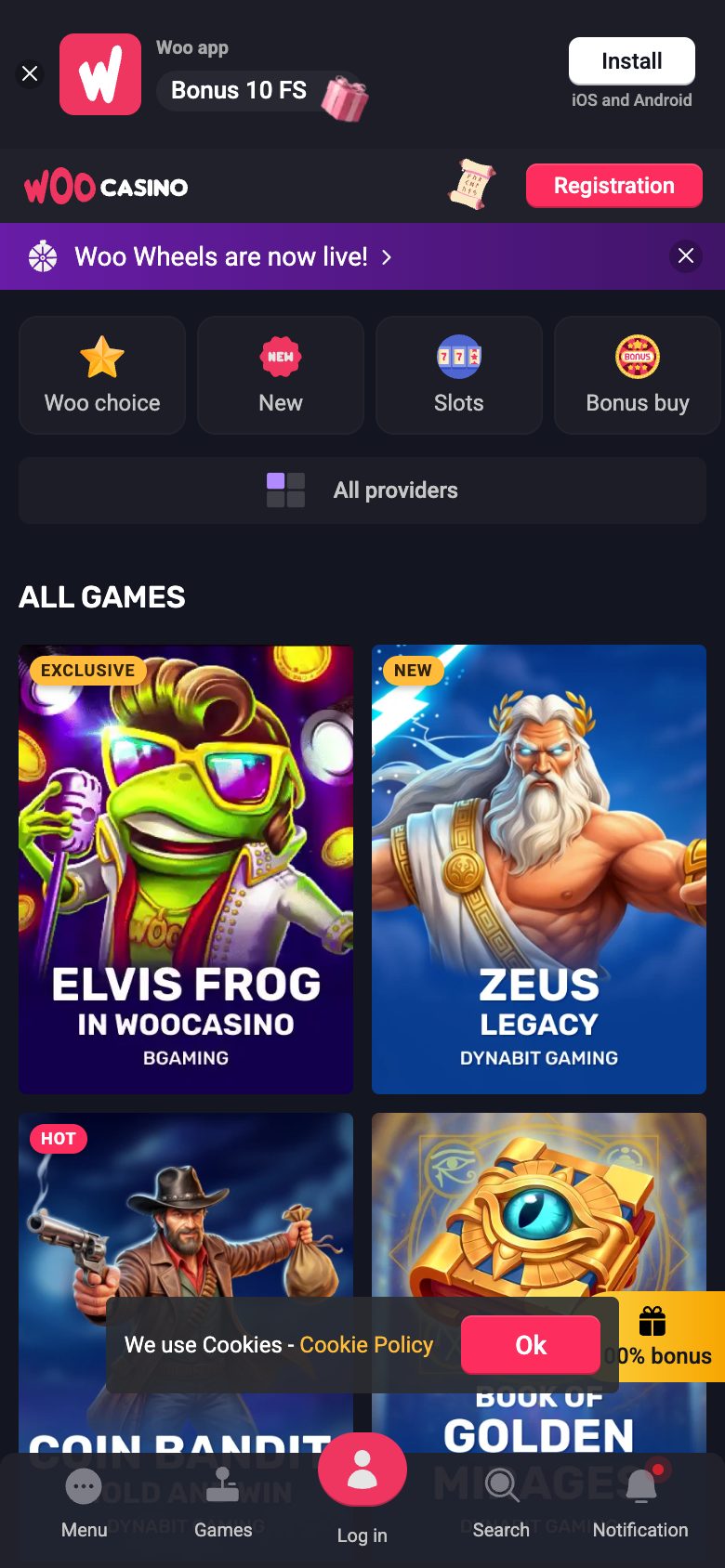 Woo Casino game lobby on mobile