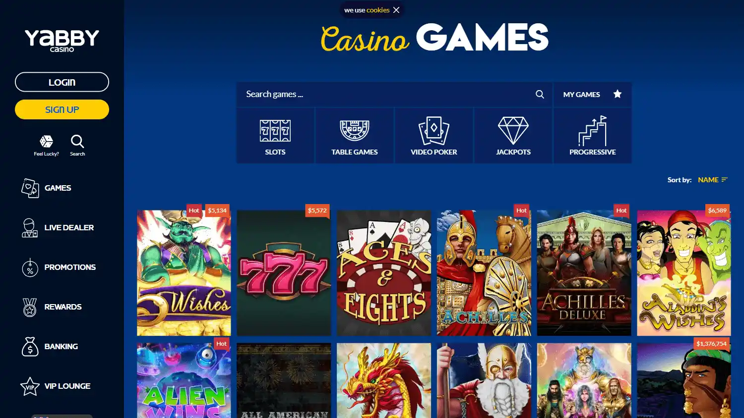 Yabby Casino game lobby on desktop