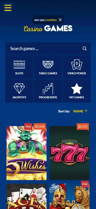 Yabby Casino game lobby on mobile