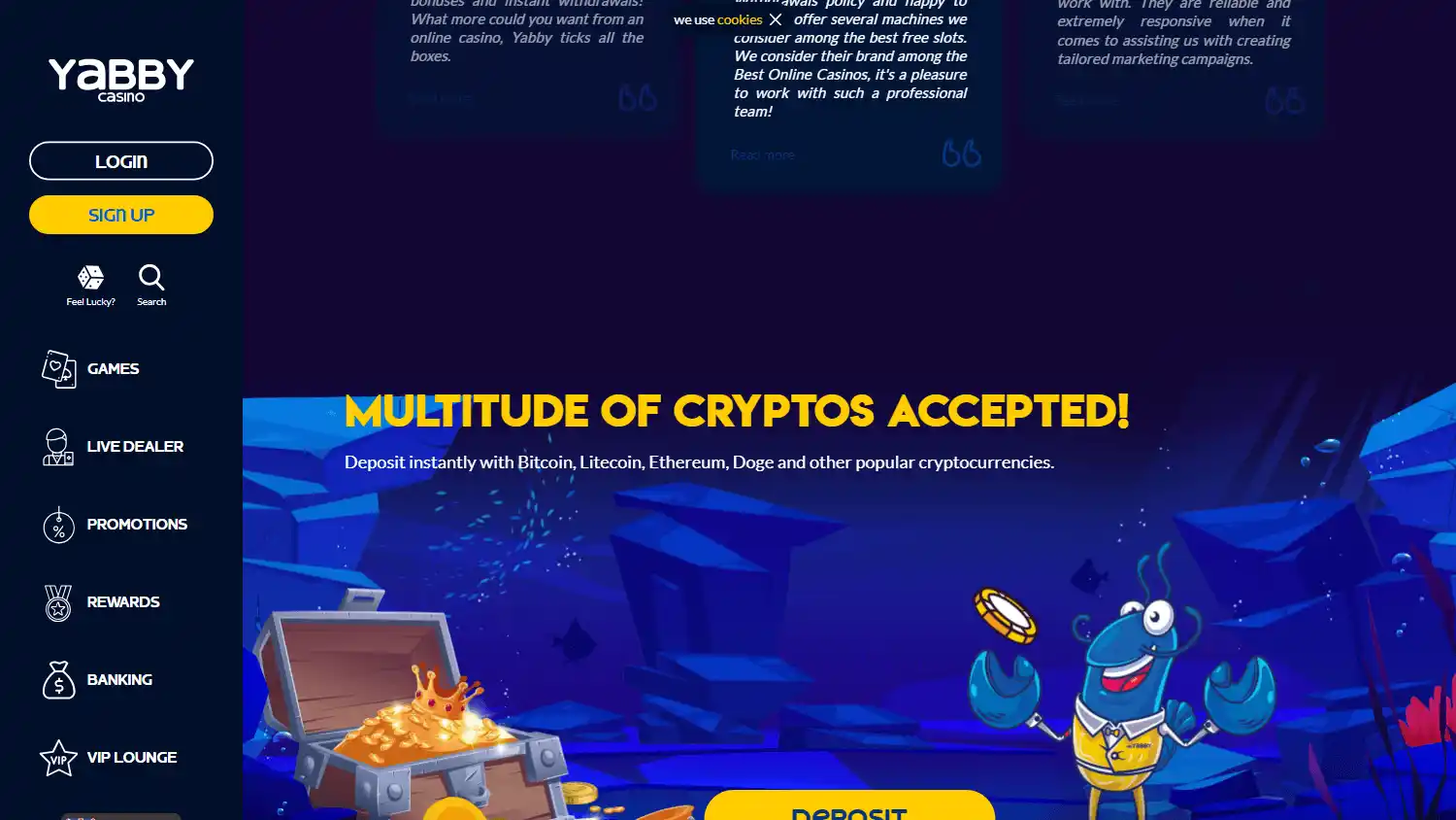 Yabby Casino homepage on desktop