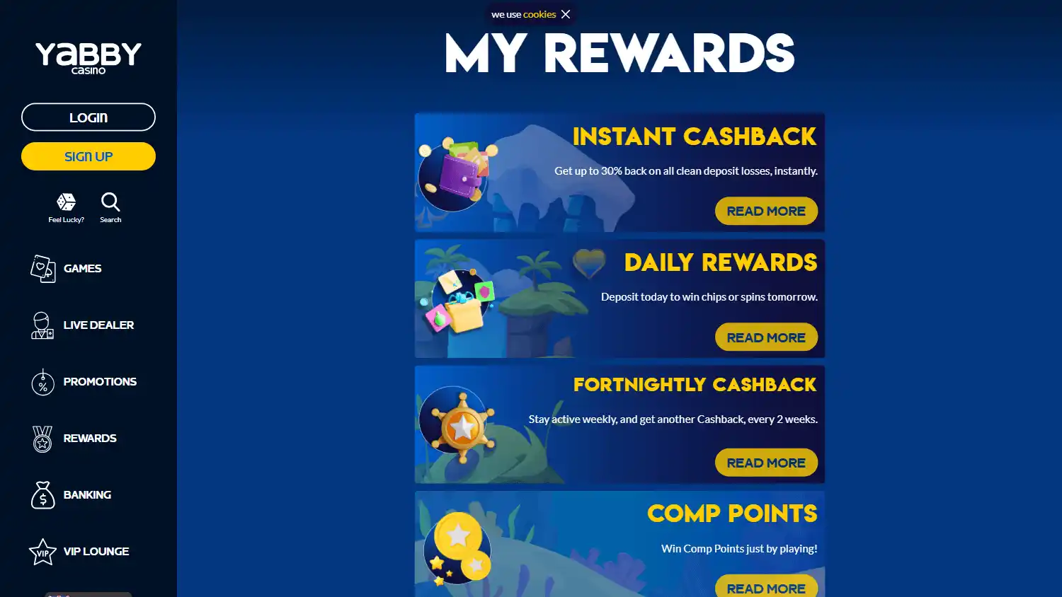 Yabby Casino rewards page on desktop