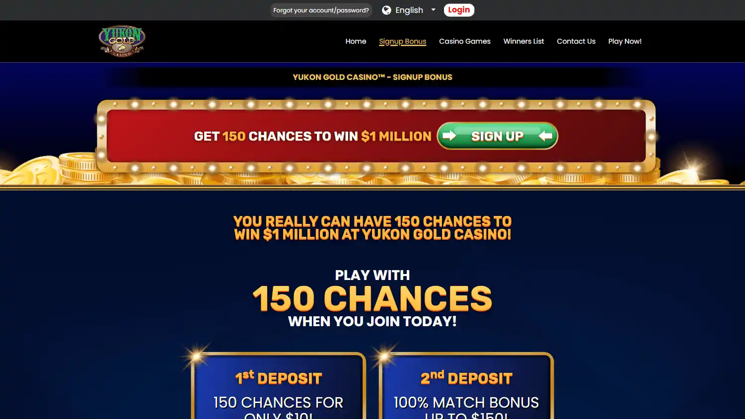 Yukon Gold Casino welcome bonus page on desktop