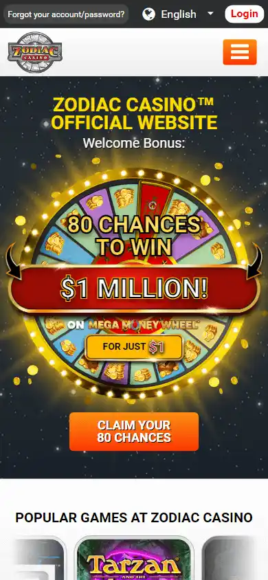 Zodiac Casino homepage on mobile