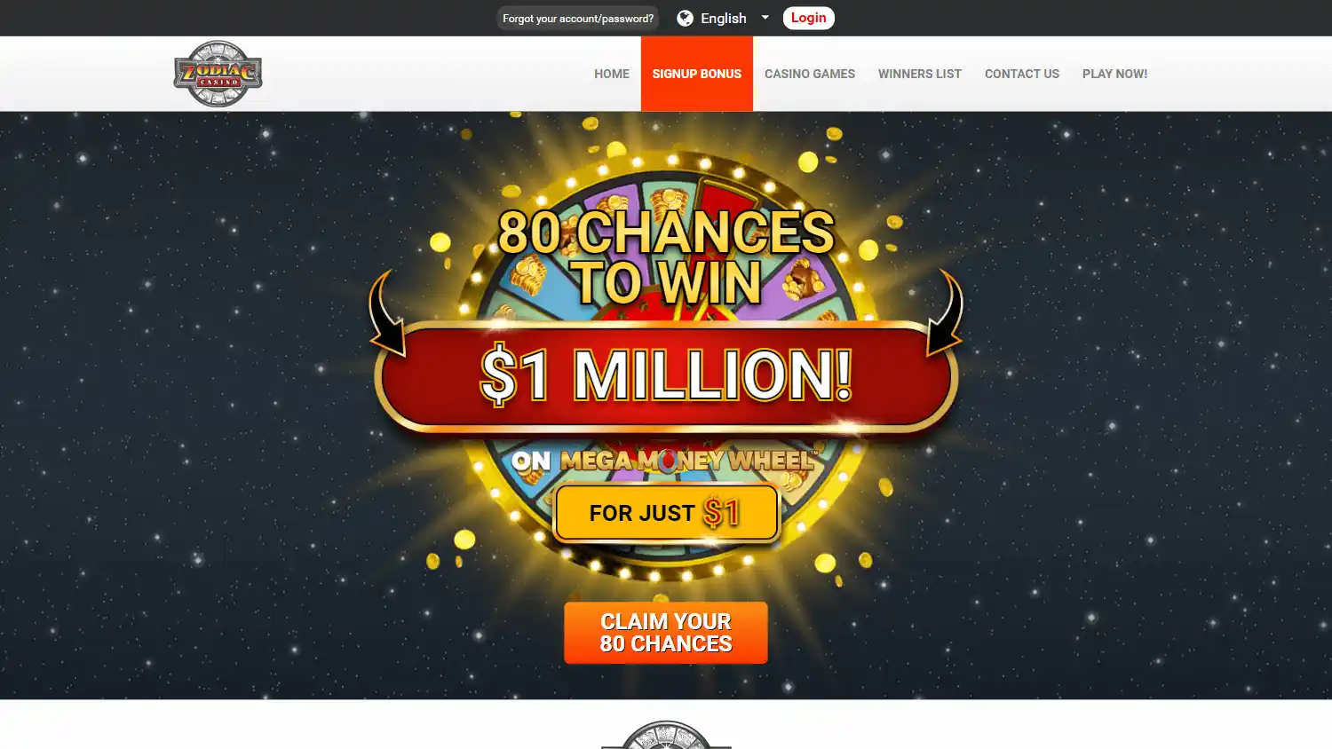 Zodiac Casino welcome bonus page on desktop