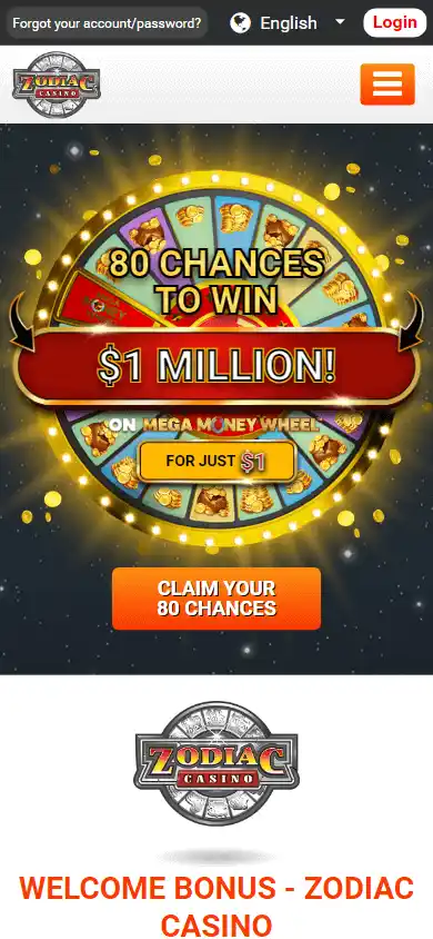 Zodiac Casino bonus page on mobile